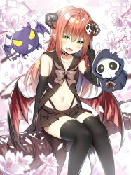 Rule 34 | 1girl, :d, bat (animal), black gloves, black panties, black thighhighs, blurry, blush, bow, bowtie, branch, brown bow, brown bowtie, brown skirt, character request, cherry blossoms, collarbone, creature, demon girl, demon wings, depth of field, elbow gloves, fang, feet out of frame, flat chest, floating, flying, ghost, gloves, hair ornament, hand in own hair, hand up, highres, in tree, long hair, looking at viewer, miniskirt, navel, open mouth, orange hair, panties, pleated skirt, red wings, shadowverse, sharp teeth, sidelocks, sitting, sitting in tree, skirt, skull, skull hair ornament, sky-freedom, smile, solo, stomach, teeth, thighhighs, thong, tree, underwear, wings, yellow eyes, zettai ryouiki