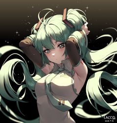 Rule 34 | 1girl, antenna hair, aqua eyes, aqua hair, aqua necktie, armpits, arms up, artist name, black background, black sleeves, blush, breasts, closed mouth, collared shirt, commentary, dated, detached sleeves, gradient background, grey shirt, hatsune miku, highres, light, long hair, long sleeves, looking away, looking down, medium breasts, necktie, number tattoo, shirt, shoulder tattoo, solo, sparkle, tacco (tikeworld), tattoo, twintails, upper body, very long hair, vocaloid