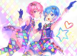 Rule 34 | 1boy, 1girl, arm up, armpits, bad id, bad pixiv id, bare shoulders, blue eyes, blue hair, blush, bow, brother and sister, checkered clothes, checkered legwear, dorothy west, dress, gloves, hair bow, highres, holding hands, konbu wakame, reona west, looking at viewer, mole, mole under eye, open mouth, pink eyes, pink hair, pretty series, pripara, revision, short hair, siblings, sleeveless, smile, thighhighs, trap, twins