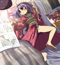 Rule 34 | 1girl, ahoge, bag, bare legs, barefoot, blanket, bowl, collarbone, commentary request, food, highres, holding, holding food, japanese clothes, kimono, long sleeves, lying, mini person, minigirl, no panties, obi, on back, parted lips, pillow, purple hair, reading, red eyes, red kimono, sash, short hair, solo, spread legs, sukuna shinmyoumaru, syope, tatami, thighs, touhou, translation request, wide sleeves