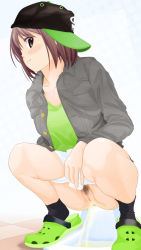 Rule 34 | 1girl, bad id, bad pixiv id, bar censor, baseball cap, bathroom, black hat, black socks, blush, breasts, brown eyes, brown hair, censored, character request, collarbone, copyright request, crocs, dedenden (pixiv30568724), female focus, full body, green footwear, green shirt, grey jacket, hat, heart, heart necklace, highres, jacket, jewelry, long sleeves, looking at viewer, medium breasts, necklace, open clothes, open jacket, panties, panty pull, pee, peeing, pubic hair, pussy, shirt, shoes, short hair, sideways hat, smile, socks, solo, squat toilet, squatting, toilet, toilet use, underwear, white panties