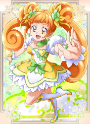 Rule 34 | 1girl, birthday, boots, bow, breasts, brooch, brown eyes, brown hair, choker, clover earrings, collarbone, cure rosetta, dokidoki! precure, double bun, flower, gradient background, green background, green choker, hair bun, hair ornament, hanzou, happy birthday, heart, heart brooch, highres, jewelry, long hair, magical girl, open mouth, precure, ribbon, skirt, small breasts, smile, solo, standing, standing on one leg, twintails, waist bow, wrist cuffs, yotsuba alice