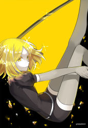 Rule 34 | 1other, androgynous, blonde hair, colored eyelashes, elbow gloves, gem uniform (houseki no kuni), gloves, houseki no kuni, looking at viewer, mujun atama, short hair, shorts, smile, solo, sparkle, sword, thighhighs, weapon, yellow background, yellow diamond (houseki no kuni), yellow eyes, yellow theme
