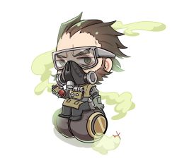 Rule 34 | 1boy, animification, apex legends, beard, black pants, brown hair, caustic (apex legends), chibi, facial hair, gas can, gas mask, gloves, goggles, grey gloves, hair behind ear, hair slicked back, highres, jacket, looking at viewer, male focus, mask, mt (mt10 ap), pants, sitting, solo, v-shaped eyebrows, yellow jacket