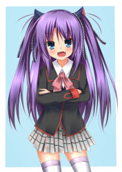 Rule 34 | &gt;:d, 1girl, :d, blue eyes, bow, crossed arms, esureki, fang, hair ornament, hair ribbon, little busters!, long hair, open mouth, pink bow, pleated skirt, purple hair, ribbon, sasasegawa sasami, school uniform, simple background, skirt, smile, solo, thighhighs, two-tone background, two side up, v-shaped eyebrows, white thighhighs, zettai ryouiki