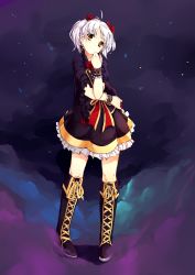 Rule 34 | 1girl, absurdres, boots, borrowed character, bow, cecilia (acerailgun), dress, full body, fuyuki yuki, heterochromia, highres, original, shadow, solo, standing, twintails, white hair, witch, wrist cuffs, yellow eyes