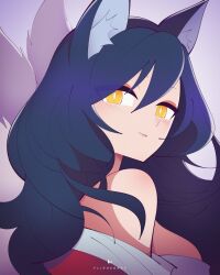 Rule 34 | 1girl, ahri (league of legends), animal ears, black hair, breasts, commentary, eyes visible through hair, flipherrrr, fox ears, fox tail, from side, highres, korean clothes, large breasts, league of legends, long hair, looking at viewer, multiple tails, off shoulder, sideboob, solo, tail, yellow eyes