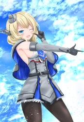Rule 34 | 1girl, absurdres, black gloves, black pantyhose, blonde hair, blue eyes, blue necktie, blue sky, braid, breasts, capelet, cloud, colorado (kancolle), day, dress, elbow gloves, finger gun, garrison cap, gloves, grey dress, grey hat, hat, headgear, highres, kantai collection, large breasts, looking at viewer, necktie, one eye closed, outdoors, pantyhose, pleated dress, shirt, short hair, side braids, sideboob, sky, sleeveless, solakaki, solo, white shirt