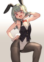 Rule 34 | 1boy, :d, absurdres, adjusting hair, androgynous, animal ears, black pantyhose, black vest, blush, bow, bowtie, bulge, fake animal ears, gradient background, green hair, grey background, hand on hip, head tilt, highleg, highleg leotard, highres, jairou, leotard, long hair, male focus, naughty face, open mouth, pantyhose, playboy bunny, rabbit ears, rabbit tail, red bow, red bowtie, red eyes, seitokai nimo anawa aru!, smile, solo, trap, vest, white background, white leotard, wrist cuffs