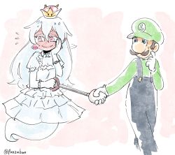 Rule 34 | 1boy, 1girl, artist name, blouse, blue overalls, blush, brown hair, colored skin, commentary, crown, dress, ear blush, earrings, embarrassed, facial hair, flying sweatdrops, frills, full-face blush, ghost tail, gloves, green hat, green shirt, hair between eyes, hand on own cheek, hand on own face, hat, holding hands, jewelry, long hair, looking away, luigi, luigi&#039;s mansion, mario (series), mustache, new super mario bros. u deluxe, nintendo, nose, overalls, panzuban, pink eyes, pointy ears, princess king boo, puffy short sleeves, puffy sleeves, scratching cheek, shirt, short sleeves, simple background, sketch, smile, super crown, sweatdrop, twitter username, very long hair, wavy mouth, white dress, white gloves, white hair, white skin