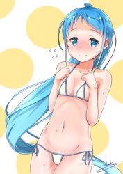 Rule 34 | 10s, 1girl, artist name, bikini, blue eyes, blue hair, blush, breasts, clenched hands, closed mouth, collarbone, flying sweatdrops, groin, kantai collection, long hair, looking at viewer, navel, nose blush, ponytail, samidare (kancolle), side-tie bikini bottom, signature, small breasts, solo, sweat, swimsuit, very long hair, wavy mouth, white bikini, yokoshima (euphoria)