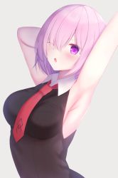 Rule 34 | 1girl, ;o, arched back, arm behind head, armpits, arms up, bare arms, bare shoulders, black shirt, blush, breasts, collared shirt, commentary request, fate/grand order, fate (series), firepo, grey background, hair between eyes, hair over one eye, highres, looking at viewer, mash kyrielight, medium breasts, necktie, one eye closed, outstretched arm, parted lips, purple eyes, purple hair, red necktie, shirt, short hair, simple background, sleeveless, sleeveless shirt, solo, upper body