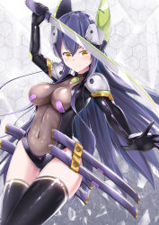 Rule 34 | 1girl, black leotard, black thighhighs, breasts, covered navel, cowboy shot, hand up, headgear, highres, holding, holding weapon, joko jmc, leotard, long hair, looking at viewer, medium breasts, original, purple hair, shattered, skin tight, solo, standing, sword, thigh gap, thighhighs, thighs, weapon, yellow eyes