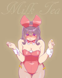 Rule 34 | 1girl, animal ears, bare shoulders, between breasts, black hair, blush, bow, bowtie, breasts, cleavage, detached collar, fake animal ears, fishnet pantyhose, fishnets, fukusuke hachi-gou, glass, highres, long hair, looking down, milk, original, pantyhose, playboy bunny, purple eyes, rabbit ears, rabbit tail, solo, standing, tail, teabag, wrist cuffs