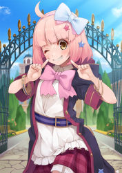 Rule 34 | 1girl, ahoge, belt, blue bow, blush, bow, chieru (princess connect!), commentary request, frilled skirt, frills, gate, hair bow, hair ornament, hairband, jacket, looking at viewer, mofu namako, one eye closed, open clothes, open mouth, outdoors, pink bow, pink hair, plaid, plaid skirt, princess connect!, purple belt, red skirt, short hair, skirt, smile, solo, star (symbol), star hair ornament