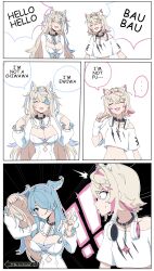 Rule 34 | !, !!, 2girls, absurdres, animal ears, blonde hair, blue hair, breasts, cleavage, closed eyes, cosplay, daydarion, disguise, dog ears, elira pendora, english text, fuwawa abyssgard, fuwawa abyssgard (1st costume), fuwawa abyssgard (cosplay), hair over one eye, head wings, highres, hololive, hololive english, large breasts, mococo abyssgard, mococo abyssgard (1st costume), multiple girls, nijisanji, nijisanji en, pointing, pointing at self, sweatdrop, to be continued, v, virtual youtuber, wide-eyed, wig, wings
