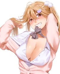 Rule 34 | 1girl, adjusting hair, bad id, bad twitter id, blush, bow, bowtie, breasts, brown eyes, brown hair, character request, cleavage, copyright request, female focus, grin, hair bobbles, hair ornament, highres, kamiyama aya, large breasts, long hair, off shoulder, seductive smile, smile, solo, undressing, upper body, white background
