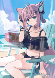 Rule 34 | 1girl, ahoge, animal ears, arknights, artist name, bad id, bad pixiv id, bare legs, beach, beach chair, bikini, black bikini, blue eyes, blue sky, bracelet, chinese commentary, closed mouth, cloud, collarbone, commentary request, day, fox ears, hand up, headphones, jewelry, looking at viewer, material growth, navel, ocean, off-shoulder bikini, off shoulder, official alternate costume, oripathy lesion (arknights), outdoors, pink hair, radio, red medicine, short hair, short ponytail, sitting, sky, solo, sussurro (arknights), sussurro (summer flower) (arknights), swimsuit