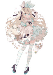 Rule 34 | 1girl, animal, animal on head, black ribbon, blonde hair, blue dress, blue eyes, blush, book, bookmark, bow, brooch, cookie, cupcake, dress, dress bow, ear piercing, earrings, food, full body, hair bow, hair ribbon, hand up, highres, holding, holding book, jewelry, on head, original, piercing, ribbon, simple background, spoon, standing, striped clothes, striped thighhighs, thighhighs, two side up, uekura eku, white background, wrist cuffs