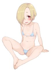 Rule 34 | 1girl, :o, absurdres, barefoot, bikini, blonde hair, blush, ear piercing, earrings, flat chest, full body, hair over one eye, heart, heart-shaped pupils, highres, idolmaster, idolmaster cinderella girls, jewelry, looking at viewer, navel, one eye covered, piercing, red eyes, shirasaka koume, simple background, soles together, solo, spread legs, striped bikini, striped clothes, stud earrings, sweatdrop, swimsuit, symbol-shaped pupils, wasabijoyu76, white background