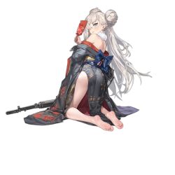 Rule 34 | 1girl, a-545 (girls&#039; frontline), a-545 (silver tree&#039;s gratitude) (girls&#039; frontline), a-545, ass, barefoot, blue eyes, blue sash, bullet hole, double bun, earrings, eyeshadow, feet, fingernails, floral print kimono, from behind, full body, fur collar, girls&#039; frontline, grey kimono, hagoita, hair bun, highres, holding, japanese clothes, jewelry, kimono, kneeling, light frown, lipstick, long hair, long sleeves, looking at viewer, looking back, makeup, messikid, obi, off shoulder, official alternate costume, official art, paddle, parted lips, pink nails, sash, simple background, soles, solo, third-party source, toes, transparent background, very long hair, white hair, wide sleeves, yellow sash