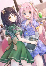 Rule 34 | 2girls, :d, alternate costume, animal ear fluff, animal ears, back bow, black hair, blue eyes, bow, breasts, brown eyes, cat ears, cat tail, cleavage, collarbone, cowboy shot, dress shirt, floating hair, gradient hair, green shirt, green skirt, grey bow, grey hair, hatsune (princess connect!), highres, holding, holding plate, indoors, long hair, looking at viewer, miniskirt, multicolored hair, multiple girls, open mouth, pink hair, plate, pleated skirt, pointy ears, princess connect!, purple shirt, purple skirt, shinzousan, shiori (princess connect!), shirt, siblings, sisters, skirt, small breasts, smile, standing, striped clothes, striped shirt, striped skirt, tail, vertical-striped clothes, vertical-striped shirt, vertical-striped skirt, very long hair, waitress