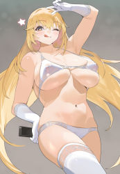 Rule 34 | 1girl, :q, armpits, bare shoulders, bikini, blonde hair, blush, breasts, bright pupils, brown eyes, cleavage, collarbone, commentary request, controller, covered erect nipples, elbow gloves, feet out of frame, from below, gloves, grey background, hair between eyes, hand on own hip, hand up, holding, holding remote control, ikuchan kaoru, large breasts, licking lips, light blush, long hair, looking at viewer, looking down, navel, one eye closed, remote control, revision, shiny skin, shokuhou misaki, smile, solo, sparkle, sparkling eyes, spider web print, star-shaped pupils, star (symbol), stomach, swimsuit, symbol-shaped pupils, thighhighs, thighs, toaru kagaku no railgun, toaru majutsu no index, toaru majutsu no index gaiden: toaru kagaku no mental out, tongue, tongue out, v, very long hair, white bikini, white gloves, white thighhighs, yellow pupils