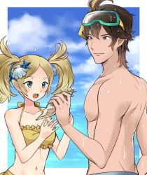 Rule 34 | 1boy, 1girl, :d, ameno (a meno0), bikini, blonde hair, blue eyes, blue sky, breasts, brown eyes, brown hair, cleavage, day, fire emblem, fire emblem awakening, frederick (fire emblem), frilled bikini, frills, hair ornament, holding, lissa (fire emblem), long hair, navel, nintendo, open mouth, outdoors, parted bangs, shell hair ornament, sketch, sky, small breasts, smile, star (symbol), star hair ornament, swimsuit, twintails, wet, yellow bikini