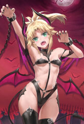 Rule 34 | 1girl, alternate costume, arm up, armpits, bare shoulders, black bra, black panties, black thighhighs, blonde hair, bra, braid, breasts, collarbone, commentary, demon girl, demon horns, demon wings, fate/apocrypha, fate (series), french braid, green eyes, halloween costume, highleg, highleg panties, highres, horns, long hair, looking at viewer, mordred (fate), mordred (fate/apocrypha), navel, o-ring, open mouth, panties, parted bangs, ponytail, revision, sidelocks, small breasts, solo, stomach, teeth, thighhighs, thighs, tonee, underwear, variant set, wings