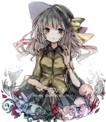 Rule 34 | 1girl, blush, bow, fingernails, flower, green eyes, hand up, hat, hat bow, japanese clothes, joou heika (precare deum), komeiji koishi, multicolored hair, short sleeves, simple background, solo, teardrop, touhou, white background, yellow bow