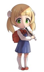 1girl aged_down ahoge ajidot backpack bag bandaid bandaid_on_leg blonde_hair blunt_bangs bow child flute full_body green_eyes hair_ornament highres holding holding_instrument indie_virtual_youtuber instrument knees_apart_feet_together long_sleeves looking_at_viewer low_twintails no_nose pom_pom_(clothes) pom_pom_hair_ornament randoseru recorder red_bow shadow shigure_ui_(vtuber) shigure_ui_(vtuber)_(young) sitting socks solo standing twintails virtual_youtuber white_background white_sleeves white_socks