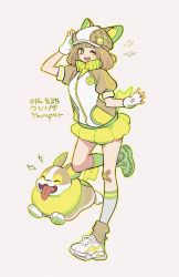 Rule 34 | 1girl, animal, animal ears, arm up, bandaid, bandaid on knee, bandaid on leg, blunt bangs, brown background, brown hair, brown jacket, cabbie hat, creatures (company), dog, dog ears, dog girl, fang, fingerless gloves, full body, game freak, gen 8 pokemon, gloves, green eyes, hand up, harurie, hat, high collar, jacket, kneehighs, leg warmers, lightning bolt symbol, looking at viewer, microskirt, nintendo, one eye closed, open mouth, personification, pokemon, pokemon (creature), puffy short sleeves, puffy sleeves, shoes, short hair, short sleeves, skin fang, skirt, sneakers, socks, solo, standing, standing on one leg, tail, white footwear, white gloves, yamper, yellow skirt, zipper, zipper pull tab