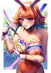 Rule 34 | 1girl, absurdres, animal ears, armpit crease, artist name, bare shoulders, bodypaint, border, bow choker, breast hold, breasts, breasts out, bush, choker, collarbone, easter, fake animal ears, feathers, gloves, green choker, hairband, highres, holding, holding paintbrush, hololive, hololive english, large breasts, leotard, leotard pull, lips, looking at viewer, multicolored hair, nipples, orange hair, orange leotard, paint on body, paintbrush, pantyhose, parted lips, phloxberry, playboy bunny, purple eyes, rabbit ears, ribbon, solo, takanashi kiara, virtual youtuber, white border, white gloves, white hairband, wrist cuffs