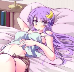 Rule 34 | 1girl, arm behind head, bad id, bad pixiv id, bed, bed sheet, blush, book, breasts, camisole, crescent, crescent hair ornament, female focus, groin, hair ornament, hizuki arata, long hair, lying, medium breasts, navel, no nose, on back, on bed, open clothes, open shorts, patchouli knowledge, pillow, purple eyes, purple hair, shorts, solo, touhou