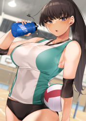 Rule 34 | 1girl, absurdres, ball, blue eyes, bottle, breasts, brown hair, commentary request, highres, holding, holding ball, holding bottle, jovejun, large breasts, long hair, looking at viewer, saliva, saliva trail, shuumatsu no harem, solo, sportswear, sweat, toudou akira (shuumatsu no harem), volleyball, volleyball (object)