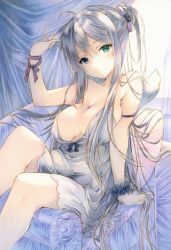 Rule 34 | 1girl, ahoge, animal ears, arm strap, armchair, bare shoulders, blue eyes, blush, breasts, chair, cleavage, closed mouth, dress, feet out of frame, green eyes, grey dress, hair ribbon, head tilt, heterochromia, large breasts, long hair, looking at viewer, marker (medium), one side up, original, pillow, purple ribbon, ribbon, scrunchie, silver hair, sitting, skindentation, sleeveless, sleeveless dress, solo, strap slip, tail, thingtng (sgma7424), traditional media, very long hair, wrist ribbon, wrist scrunchie