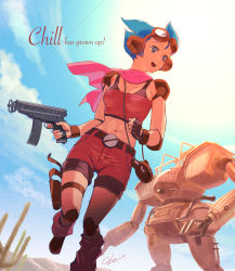 Rule 34 | 1980s (style), 1girl, absurdres, blue eyes, blue hair, cactus, character name, chill, cloud, day, elbow pads, english text, female focus, gallop (mecha), goggles, gun, highres, holster, knee pads, leg warmers, matching hair/eyes, mecha, midriff, aged up, oldschool, retro artstyle, robot, scarf, sentou mecha xabungle, shorts, shoulder pads, sky, solo, spoilers, standing, standing on one leg, umeno ryuuji, walker (robot), weapon