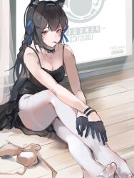 Rule 34 | 1girl, absurdres, animal ears, arknights, bad anatomy, ballerina, bare shoulders, black dress, black gloves, black hair, blush, breasts, cleavage, closed mouth, cmdr saturn, collarbone, dress, food, gloves, highres, long hair, looking at viewer, medium breasts, mouth hold, no shoes, on floor, panties, pantyhose, penguin logistics logo, pocky, red eyes, reversed feet, side-tie panties, sitting, sleeveless, sleeveless dress, solo, tail, texas (arknights), underwear, very long hair, white pantyhose, wolf ears, wolf girl, wolf tail, wooden floor