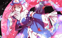 Rule 34 | 1girl, blue dress, breasts, bug, butterfly, dress, dual wielding, hand fan, hat, holding, bug, kinsenka, large breasts, long sleeves, looking at viewer, one eye closed, outstretched arm, pink hair, red eyes, saigyouji yuyuko, sash, smile, solo, touhou, triangular headpiece, veil, wallpaper, wide sleeves, wink