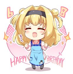 Rule 34 | 1girl, :d, ^ ^, apron, black hairband, black socks, blonde hair, blue apron, blush, casual, chibi, chitose sana, closed eyes, commentary, dated, double bun, eyelashes, hair bun, hair intakes, hairband, hakutocake, happy birthday, heart, highres, index fingers raised, long hair, long sleeves, miniskirt, open mouth, pink background, pink shirt, pink skirt, pleated skirt, pointing, pointing at self, polka dot, polka dot background, school uniform, shirt, signature, simple background, skirt, smile, socks, solo, sparkle, tenshinranman, translated, two side up, white background