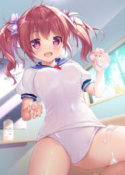 Rule 34 | 1girl, bathroom, blue sailor collar, brown hair, commentary request, hair between eyes, hair ribbon, highres, holding, holding sponge, long hair, mikeou, open mouth, original, red eyes, ribbon, rubber duck, sailor collar, school uniform, serafuku, shirt, short hair, short twintails, smile, soap bottle, soap bubbles, solo, sponge, thighs, twintails, white legwear, white shirt, window