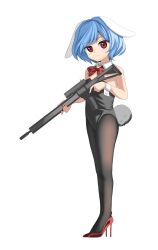 Rule 34 | 1girl, alternate costume, animal ears, black leotard, black pantyhose, blue hair, blush, bow, bowtie, breasts, chinese zodiac, closed mouth, commentary request, detached collar, frown, full body, gun, harukawa moe (style), high heels, highres, holding, holding gun, holding weapon, keiki8296, leotard, looking at viewer, official style, pantyhose, parody, playboy bunny, rabbit ears, rabbit girl, rabbit tail, red bow, red bowtie, red eyes, red footwear, reisen (touhou bougetsushou), rifle, short hair, simple background, small breasts, solo, standing, strapless, strapless leotard, style parody, tail, touhou, weapon, white background, wrist cuffs, year of the rabbit
