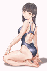 Rule 34 | 1girl, ass, back, bare arms, bare legs, bare shoulders, barefoot, black hair, black one-piece swimsuit, blunt bangs, blush, breasts, commentary, competition swimsuit, fangxiang cuoluan, feet, from behind, full body, highres, long hair, looking at viewer, looking back, medium breasts, one-piece swimsuit, original, seiza, sitting, skindentation, soles, solo, swimsuit, symbol-only commentary, wet, yellow eyes