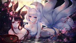 Rule 34 | 2girls, absurdres, akagi (azur lane), akagi (paradise amaryllis) (azur lane), all fours, animal ear fluff, animal ears, ass, azur lane, bikini, black bikini, blue eyes, blunt bangs, blurry, blurry foreground, blush, breasts, brown hair, butt crack, cleavage, cup, day, dimples of venus, fox ears, fox tail, hand on own chest, highres, holding, holding cup, in water, kaga (azur lane), kaga (everlasting killing stone) (azur lane), large breasts, light rays, long hair, looking at viewer, lying, multiple girls, multiple tails, parted lips, petals, petals on liquid, red eyes, ripples, short hair, sidelocks, smile, swimsuit, tail, water, wet, white bikini, white hair, xing