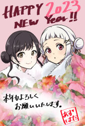 Rule 34 | 2girls, :o, animification, arashi chisato, azukibatake, black hair, blunt bangs, brown eyes, closed mouth, commentary, double bun, eyebrows hidden by hair, flower, fur trim, hair bun, hair ornament, hair ribbon, hairclip, happy new year, long hair, looking at viewer, love live!, love live! superstar!!, matching hairstyle, misaki nako, multiple girls, new year, open mouth, parted lips, pink background, real life, red eyes, ribbon, short bangs, signature, smile, twintails, voice actor, voice actor connection, white hair