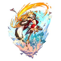 Rule 34 | 1girl, :d, arrow (projectile), blonde hair, blue eyes, broken arrow, cape, dagger, dragalia lost, ezelith, fang, fire, from side, full body, hair ornament, holding, holding weapon, knife, long hair, looking back, nintendo, non-web source, official art, open mouth, saitou naoki, smile, soldier, solo, sword, transparent background, weapon