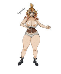 Rule 34 | 1girl, areola slip, black clover, breasts, covered erect nipples, fusion, highres, large breasts, mereoleona vermillion, mimosa vermillion, orange hair, pubic hair, scharlottelambo, see-through, standing, thick thighs, thighs