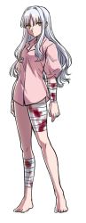 Rule 34 | 1girl, applechoc, bandages, bandaged arm, bandaged leg, bandaged neck, bandages, barefoot, blood, blood stain, bloody bandages, caren hortensia, fate/hollow ataraxia, fate (series), full body, highres, long hair, no pants, pink shirt, shirt, white background, white hair, yellow eyes