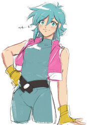 Rule 34 | 1girl, allenby beardsley, aoi (husiginokuninoa), blue bodysuit, blue hair, bodysuit, breasts, closed mouth, commentary request, cropped legs, g gundam, gloves, green eyes, gundam, hand on own hip, highres, jewelry, looking at viewer, medium breasts, necklace, short hair, skin tight, smile, solo, thighs, translation request, white background, yellow gloves