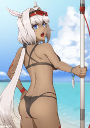 Rule 34 | 1girl, absurdres, animal ears, ass, awehu, back, bare shoulders, beach, bikini, black bikini, blue eyes, blue sky, body markings, breasts, caenis (fate), caenis (swimsuit rider) (fate), fate/grand order, fate (series), goggles, hairband, hand on own hip, highres, large breasts, long hair, looking at viewer, looking back, open mouth, polearm, sky, solo, swimsuit, thighs, very long hair, weapon, white hair